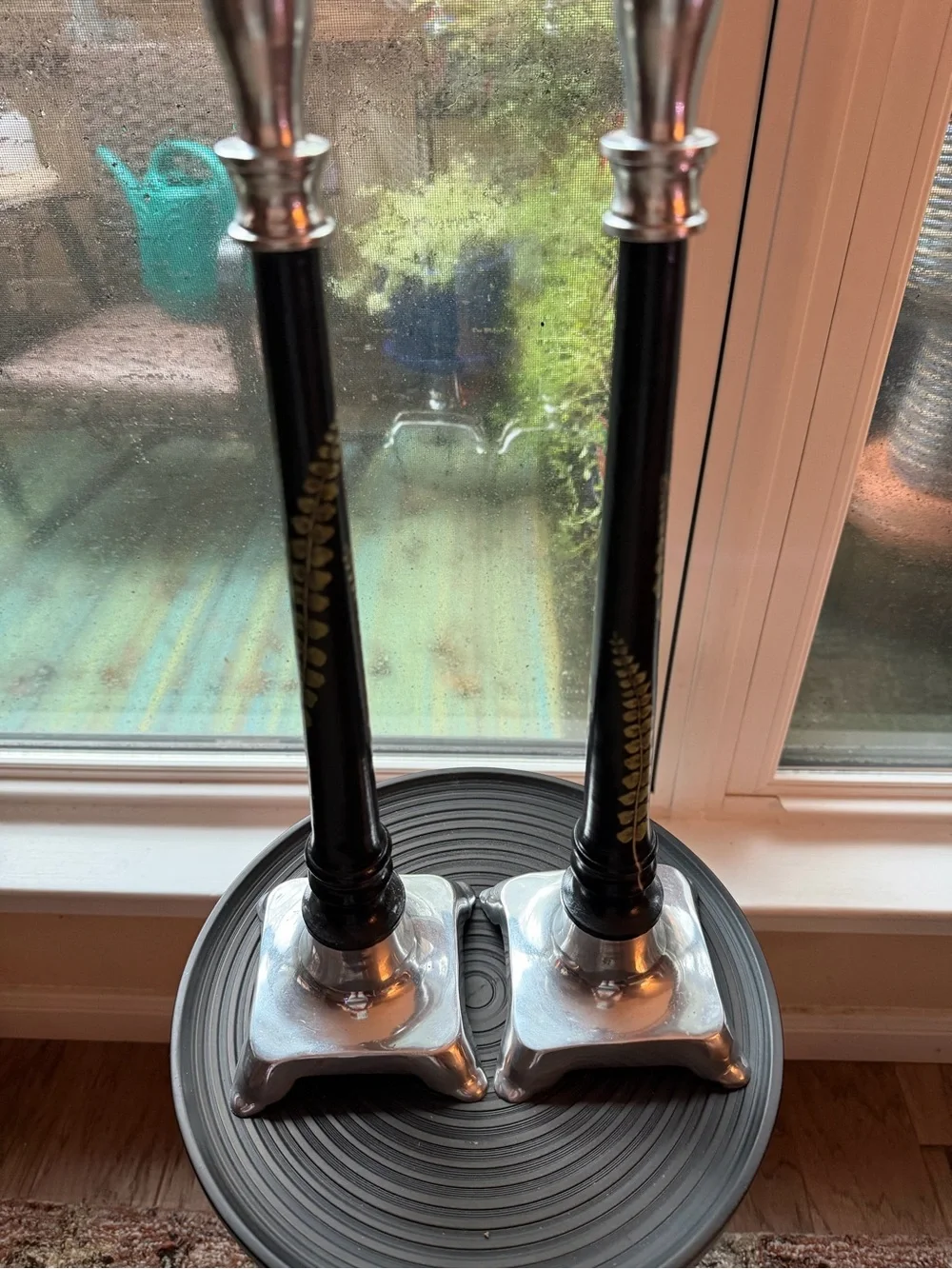 Pair of Tall Silver and Black Candle Stick Holders with Hand Painted Botanicals